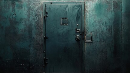 A dark, imposing steel door is set within a textured, weathered wall, creating a sense of mystery and confinement.