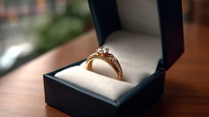 Engagement ring displaying diamond in luxury box, copy space