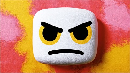 A white and black angry face is drawn on a red background