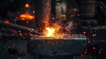 A blacksmith intensely hammers a hot piece of metal with a heavy hammer, creating sparks and a fiery glow in a dark forge.