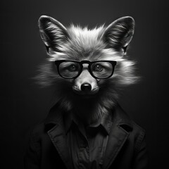 Obraz premium Fox with dark glasses wearing a jacket. Anthropomorphic animal portrait for avatar and social media. Smart look expression.