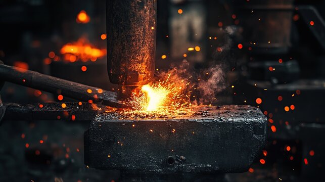 A blacksmith intensely hammers a hot piece of metal with a heavy hammer, creating sparks and a fiery glow in a dark forge. - Powered by Adobe