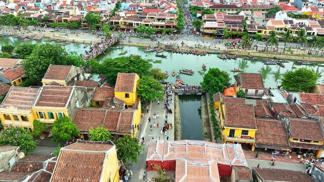 Aerial drone shot of Hoi An, Vietnam, in the morning, in Quang Nam province, a very popular tourist destination.
