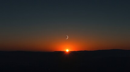A stunning sunset over a mountain range, featuring a crescent moon and a bright sun, creating a dramatic and serene sky.