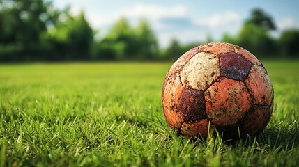 Fototapeta premium A weathered soccer ball rests on a lush green lawn under a bright blue sky, evoking a sense of nostalgia and outdoor play.