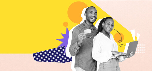 Two individuals smile while interacting with digital devices. One holds a card, and the other works on a laptop. The vibrant background highlights their activity in a modern setting.