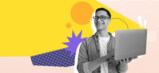 A man stands happily while holding a laptop, surrounded by vibrant shapes and colors. The scene features a mix of bright yellows, blues, and patterns, creating an engaging visual effect. © Prostock-studio