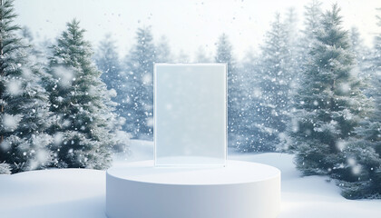 Empty clear glass panel on a white podium in a pristine snowy winter scene for product showcase concept and holiday promotions