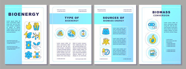Bioenergy brochure layout. Biomass energy. Ecology preservation, ecosystem health. Leaflet advertising design with color line icons. Editable 4 pages. Arial-Black, Myriad Pro-Regular fonts used