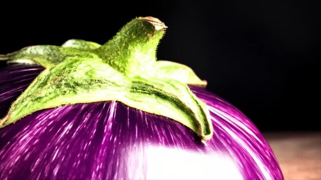 Close-up of a Fresh and Glossy Eggplant on a Dark Background.