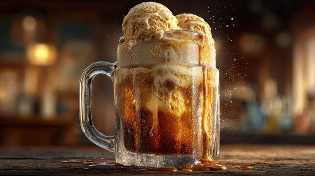 Frosted glass mug root beer float with vanilla ice cream
