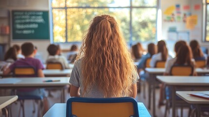 A young woman with long, wavy red hair sits at a desk in a classroom, looking away from the camera with a contemplative expression.