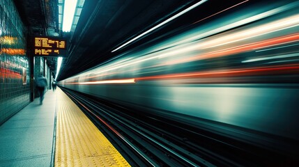 A long-exposure photograph captures a speeding subway train rushing through a dark, illuminated station platform, creating a blurred streak of light.
