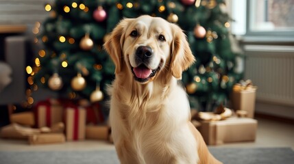 Happy golden retriever dog sitting in front of festive christmas tree decorated