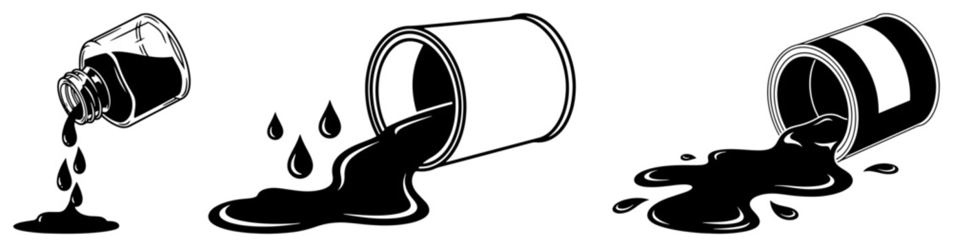 Set of spilled black liquid from bottle and paint cans vector illustration of leaking ink oil or paint puddles