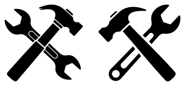 Crossed hammer and wrench tool icons Repair service or workshop vector symbol set