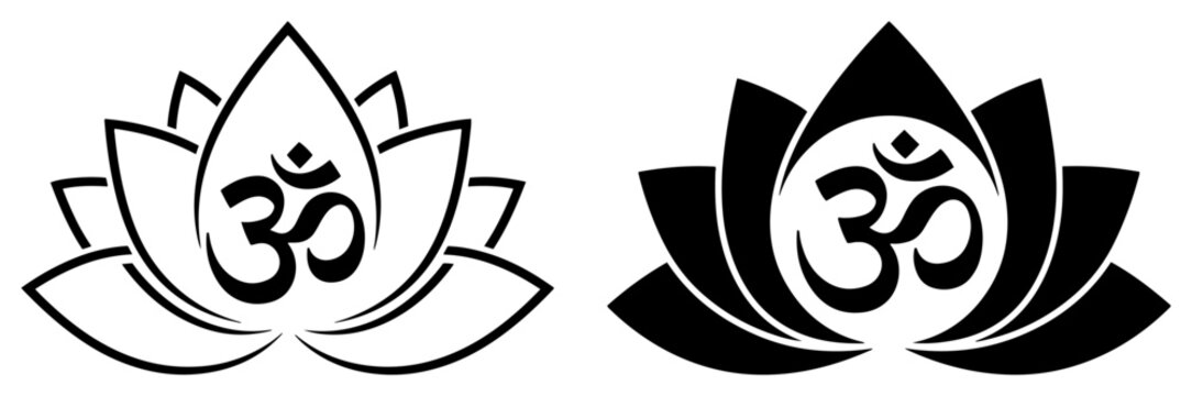 Om Aum symbol in lotus flower icon set Vector logo for yoga meditation and spiritual harmony