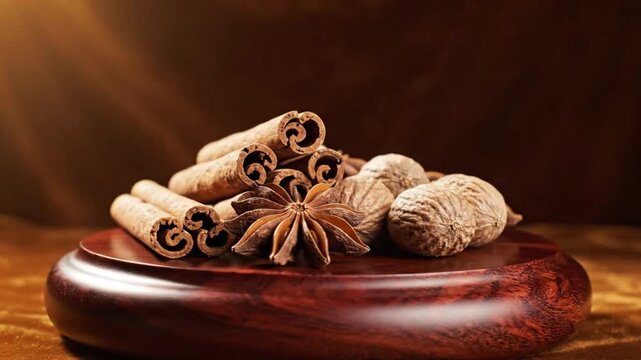 Aromatic spices including cinnamon sticks, star anise, and nutmeg arranged on a wooden base, creating a warm and inviting culinary scene.