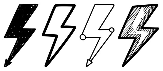 Lightning bolt doodle icon set. Hand drawn thunder and electricity flash symbols. Vector sketch collection © Camel