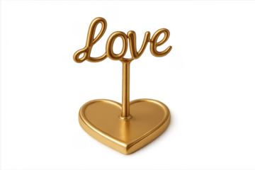 Golden love text standing on heart shape base
