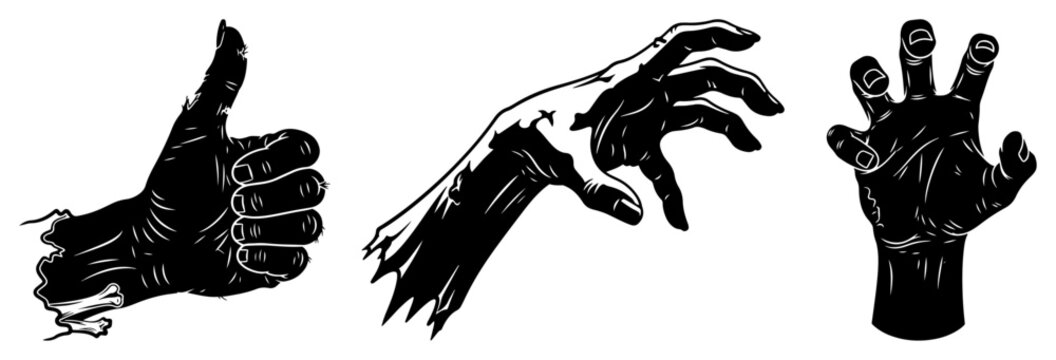 Zombie hands vector set. Monster gestures with thumbs up and grabbing pose. Halloween illustration
