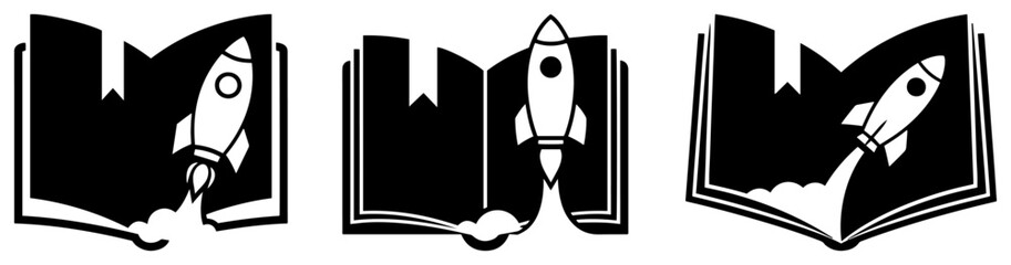 Rocket launching from an open book icon set Education imagination and knowledge vector logo