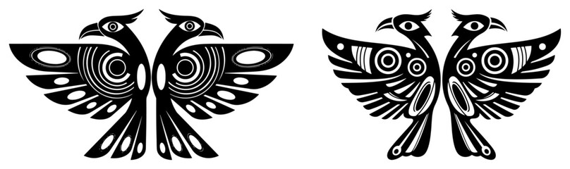 Set of stylized tribal double headed bird totems or symmetrical eagle emblems for tattoo design