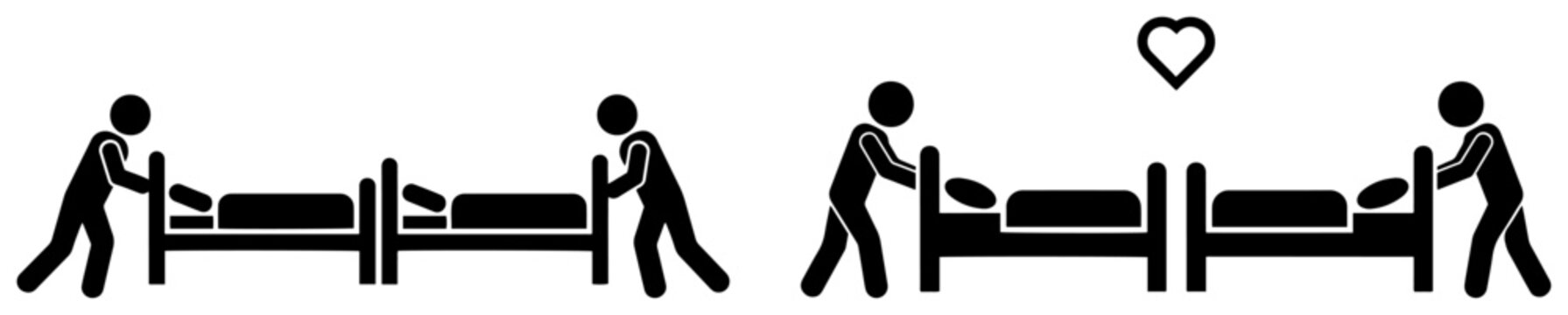 Stick figure relationship cycle Man pushing beds together and apart Love and breakup concept
