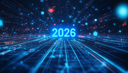 New year 2026 loading bar with blurry technology background