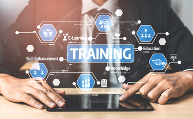 A professional training concept featuring digital icons representing education, e-learning, and skill enhancement in a modern business environment. Tessel