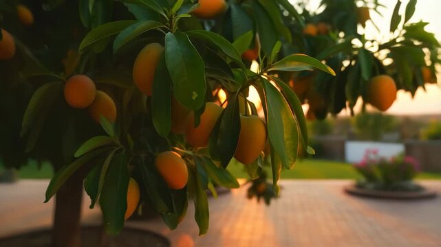 Mangoes hang from a lush tree, their vibrant color highlighted by the soft glow of the evening light. The mangoes and green leaves create a rich and inviting summer garden atmosphe