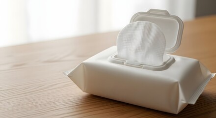 A fresh baby wipes pack is open on a natural wooden surface, ready for gentle cleaning and daily hygiene concept