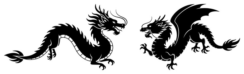 Eastern Chinese dragon versus Western European dragon Mythical creature confrontation vector silhouette set