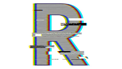 Glitch VHS letter R with scanline bending and multi layer distortion on white background