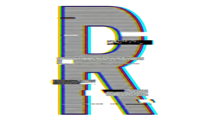 Glitch VHS letter R with scanline bending and multi layer distortion on white background