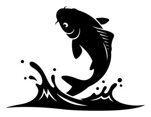 Koi fish jumping out of water splash vector logo. Japanese carp symbol