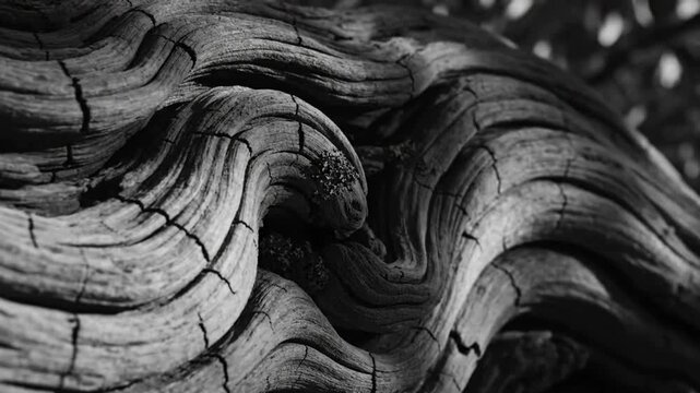 Close-up of ancient, gnarled wood texture in black and white, revealing intricate patterns and deep cracks. A timeless natural abstract background.