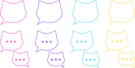 猫の顔型のシンプルでかわいい吹き出し＆入力中アイコンセット_パステルカラー（ピンク、バイオレット、水色、イエロー）