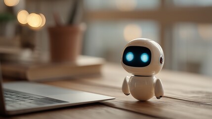 Cute mini robot assisting a person at a computer, symbolizing friendly AI support, modern technology, and intelligent digital workflow.