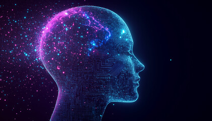 Human head profile silhouette made of glowing circuit board patterns and electronic traces, cyan and purple neon colors
