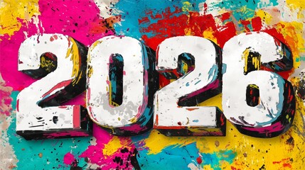 2026 Happy New Year Greeting Banner. Graffiti playful 2026, colorful abstract splash background.