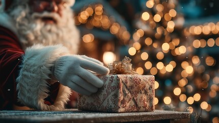 Santa Claus gently placing a gift box, cozy holiday atmosphere, magical festive mood Christmas tree background.