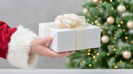 Santa Claus gently placing a gift box, cozy holiday atmosphere, magical festive mood Christmas tree background.