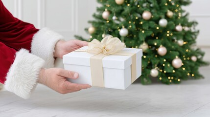 Santa Claus gently placing a gift box, cozy holiday atmosphere, magical festive mood Christmas tree background.