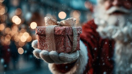 Santa Claus offering a wrapped present with a gift box. Christmas background.