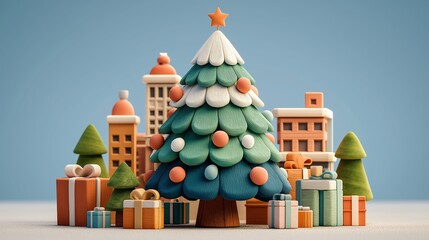 3D cartoon Christmas tree with gift boxes.