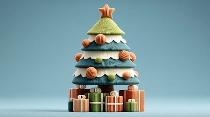 3D cartoon Christmas tree with gift boxes.