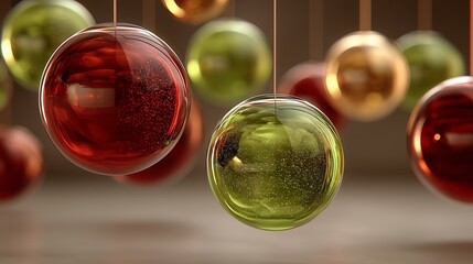 Abstract red and green Christmas setting, floating spheres, gentle highlights, calm and modern festive elegance.