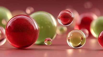 Abstract red and green Christmas setting, floating spheres, gentle highlights, calm and modern festive elegance.