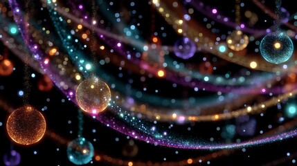 Abstract Christmas lights background featuring multicolored strands twisted into swirling patterns, glowing orbs suspended in darkness, magical winter sparkle